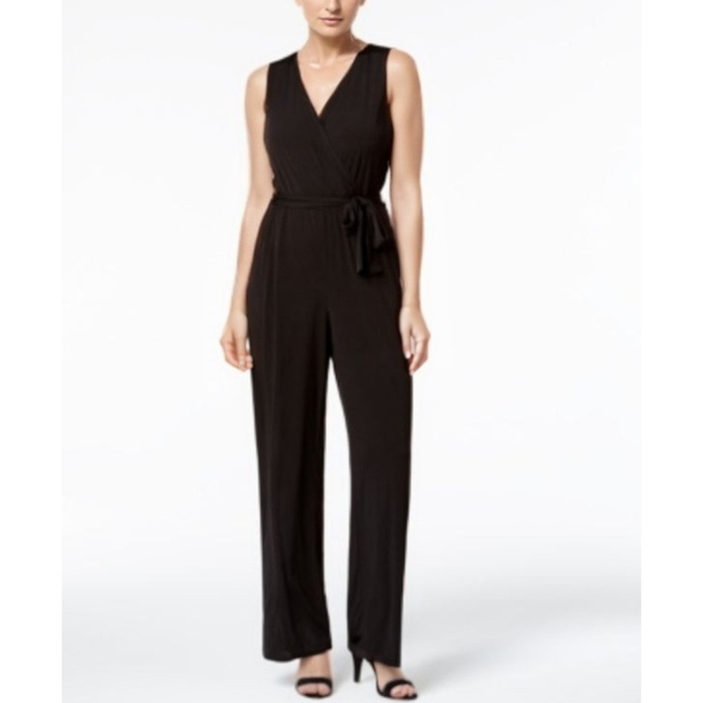 NY Collection Effortless Surplice Belted Jumpsuit Womens Petite PL Black Travel